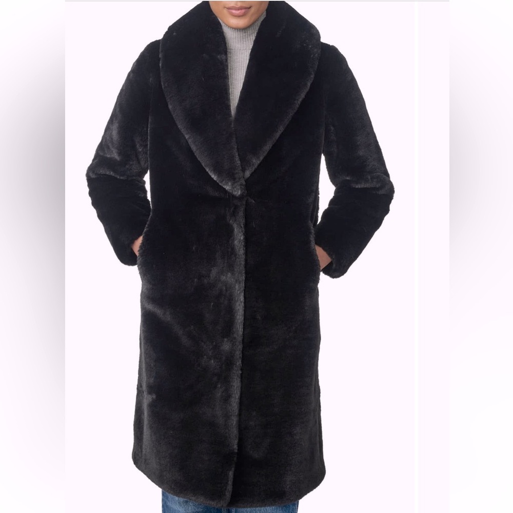 Bernardo Faux Fur Shawl Collar Coat Navy Blue